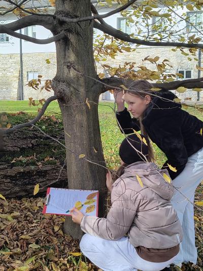 Uczniowie podczas warsztatów w Gorczańskim Parku Narodowym - wśród drzew.