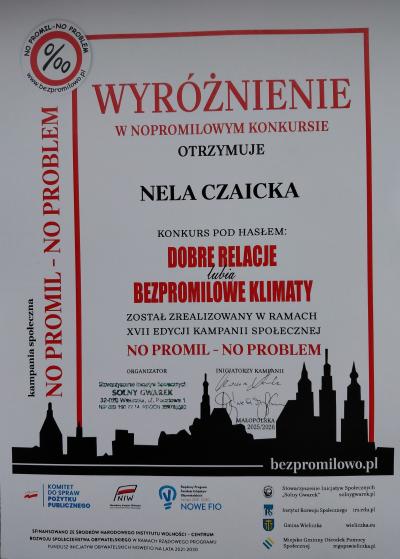 Dyplom dla Neli za udział w konkursie 