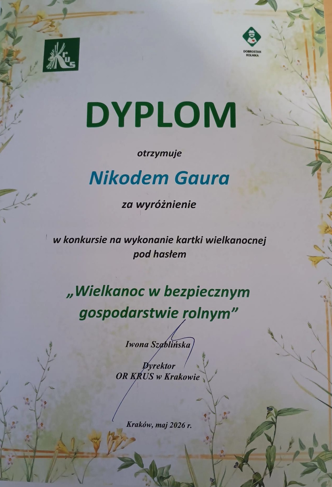Sukces naszego ucznia w konkursie KRUS